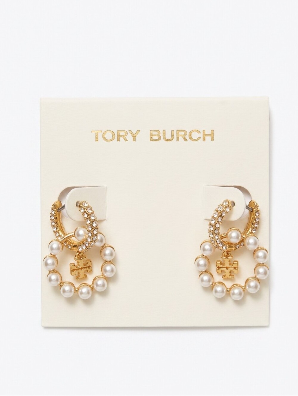 Tory Burch Gold and Pearl Hoop Drop Earrings with Pearl Charm